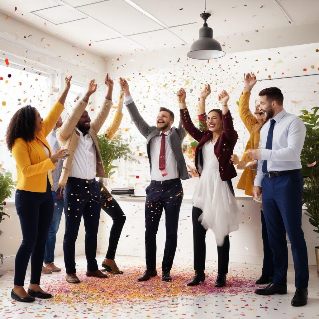 A vibrant and uplifting scene featuring a diverse group of professionals celebrating after receiving their certifications, with bright confetti falling around them. The background showcases a sunny office environment filled with motivational quotes and plants, symbolizing growth and happiness. Include elements like a trophy or certificate, and glowing light effects to emphasize achievement. super-realistic. vibrant colors. white background.