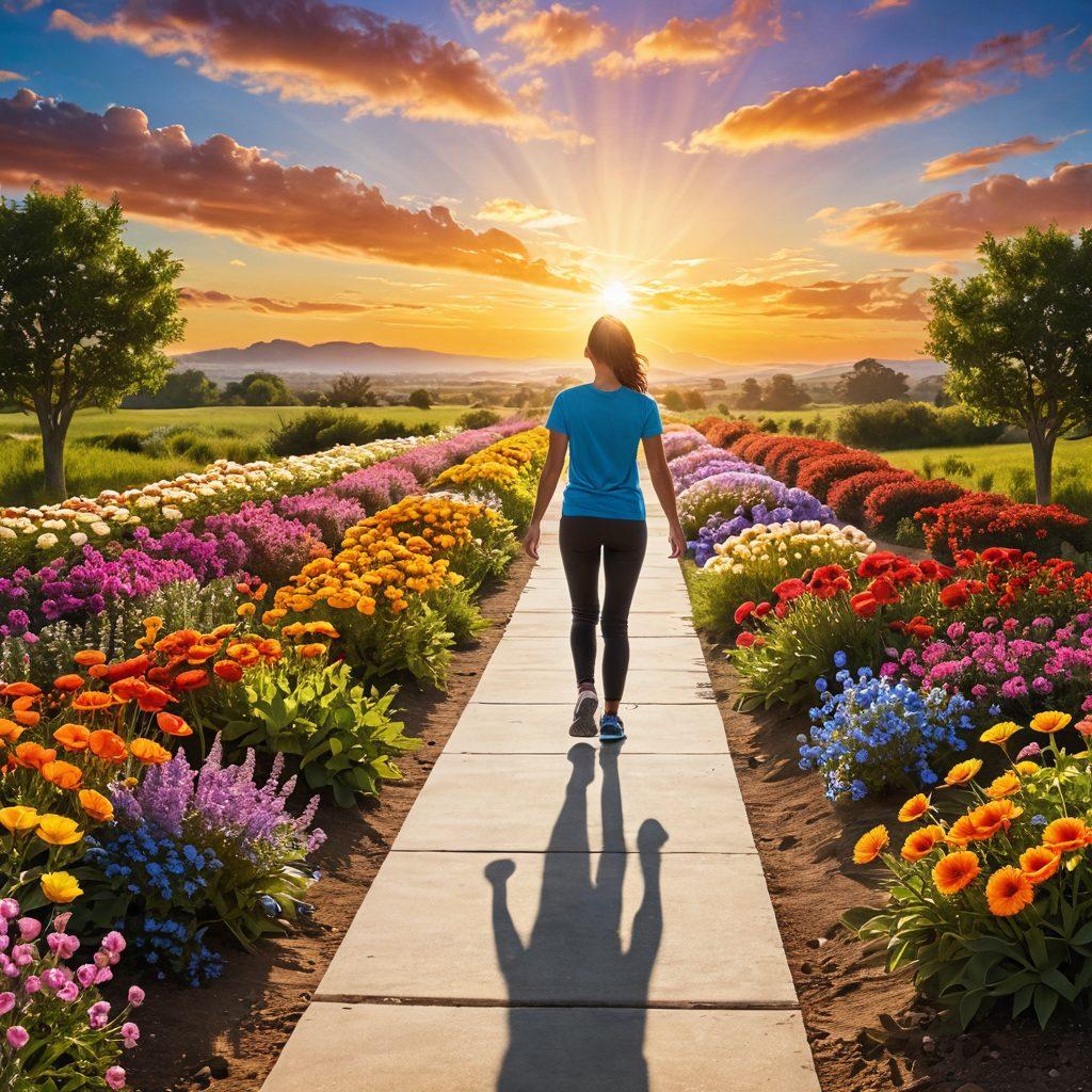 A joyful individual standing on a path lined with vibrant training centers, each representing different skills, leading towards a bright, sunlit horizon symbolizing success and happiness. The image should radiate positivity with colorful flowers along the path and a warm, welcoming sky. super-realistic. vibrant colors. uplifting atmosphere.
